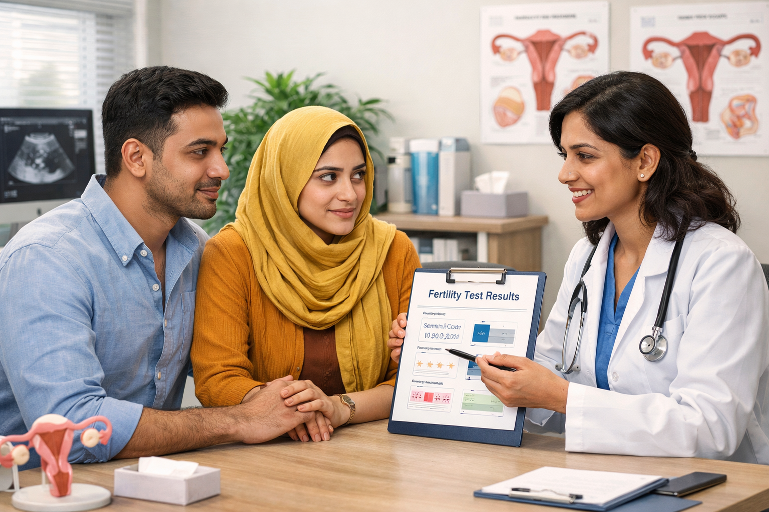Andrology Center - blog - Doctor explaining fertility tests for men to South Asian couple during medical consultation